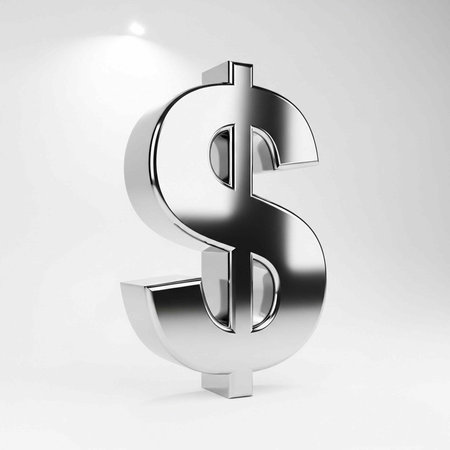 Large metallic dollar sign with reflective surface and dramatic lighting on plain white background