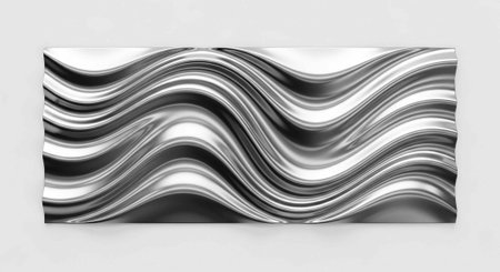 A rectangular canvas features a wavy pattern in shades of black, white, and gray on a light gray...