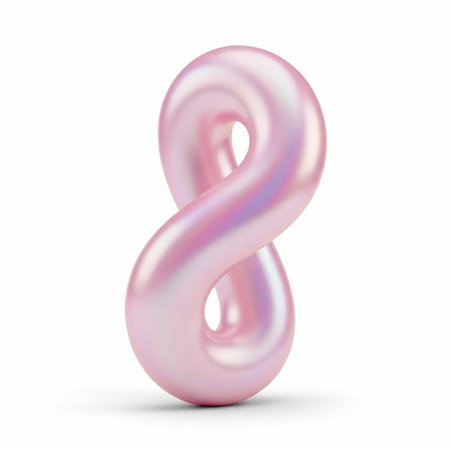 A pink, shiny, infinity symbol with a pearlescent sheen stands on a plain white background