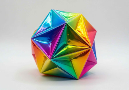 A vibrant, multi-faceted polyhedron with shiny, rainbow-colored surfaces sits on a plain white surface and backgroundの写真素材