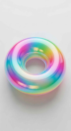 Vibrant rainbow-colored inflatable pool ring with shiny surface on white background
