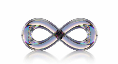 A sleek, shiny infinity symbol with a rainbow-colored iridescent sheen, set against a plain white...