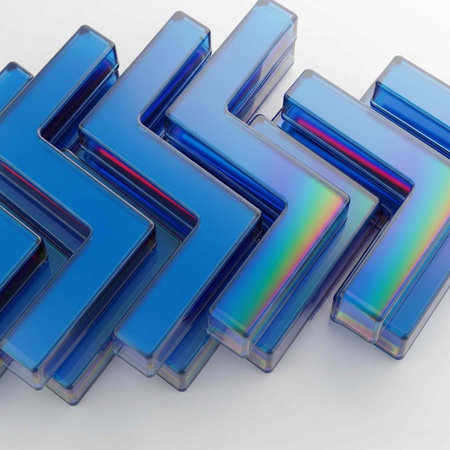 A close-up of shiny, blue, 3D chevron shapes with a holographic effect, arranged in a pattern on a...