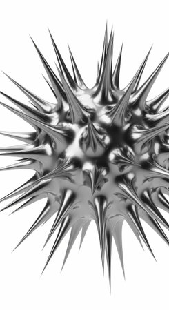 A shiny metallic object with numerous sharp spikes and pointed edges, reflecting light on a plain...