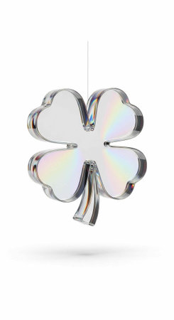 A silver four-leaf clover ornament with a holographic rainbow sheen and reflective surface hangs...