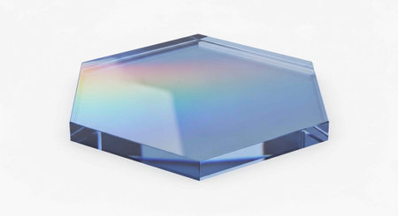 A blue glass prism with a flat top and angled sides reflects rainbow colors on a plain white...