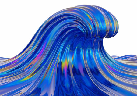 Abstract digital art of a blue wave with iridescent sheen and rainbow hues on a white background,...