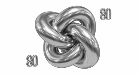 A detailed silver knot sculpture with a smooth, reflective surface and intertwined loops on a plain white background with 80 numbers.の写真素材