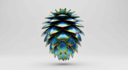 A vibrant, 3D pinecone with overlapping, iridescent scales in shades of blue, green, and purple on a light gray backgroundの写真素材