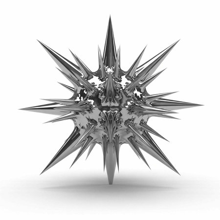 A 3D metallic sculpture with multiple sharp points radiating from a central axis, showcasing a...