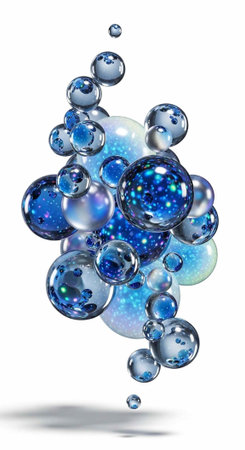 A cluster of transparent and opaque blue bubbles of various sizes, filled with glittering specks,...