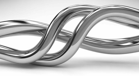Interconnected silver chain links with smooth, curved surfaces and subtle shadows on a plain white...