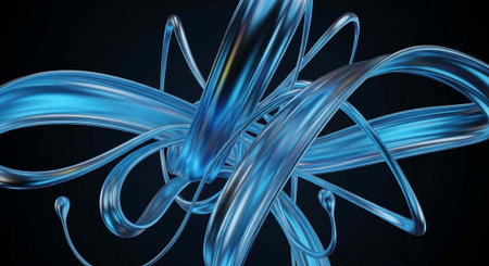 Abstract blue glass artwork with multiple twisted and curved tubes against a dark background