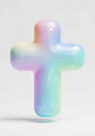 A shiny, pastel-colored cross with a smooth, reflective surface and subtle gradient hues on a plain...