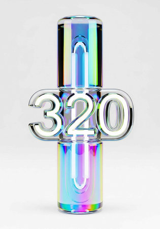 A shiny, iridescent glass or crystal object with a cylindrical shape and 320 text, featuring rainbow...