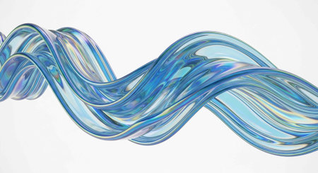 Colorful blue glass ribbons twisting in wavy motion with iridescent sheen on white background,...