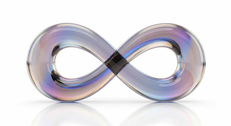 A shiny, iridescent infinity symbol sculpture with rainbow colors and reflections on a white surface...