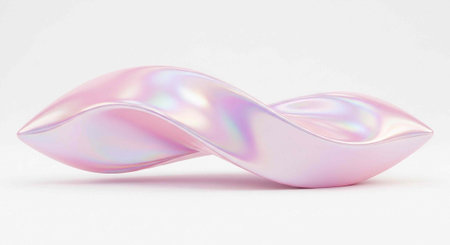 A pink pearl-like object with iridescent sheen and smooth texture, twisted into a wavy shape on a...