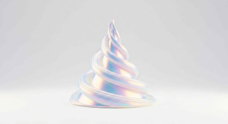 A vibrant, holographic spiral shape with shimmering white and rainbow colors on a light gray...