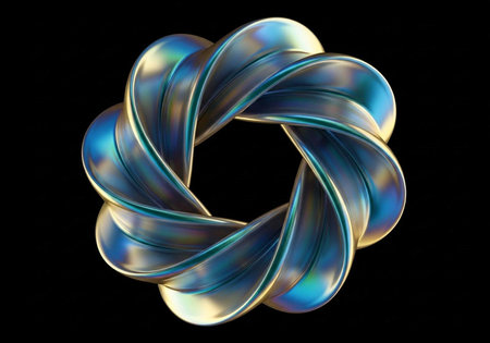 A shiny, multicolored metal object with intertwined loops, displaying blue, green, and gold hues on a dark backdropの写真素材