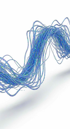 A bundle of blue and green threads twisted into a wavy shape, casting a faint shadow on a plain...