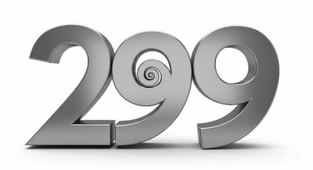 Large metallic 3D number 299 with spiral in center of 9 on plain white background with subtle shadow
