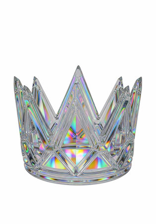 A crystal crown with sharp facets and rainbow colors reflecting light, set against a plain white...