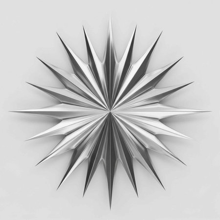 A metallic starburst shape with sharp, pointed tips radiates from a central point on a light gray backgroundの写真素材