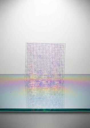 A wire grid sculpture stands on a reflective surface, casting a rainbow-colored reflection, set...