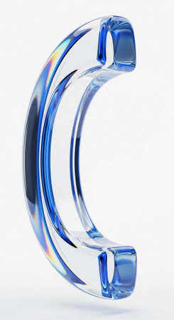 A transparent C-shaped object with smooth curves and iridescent reflections on a plain white backgroundの写真素材