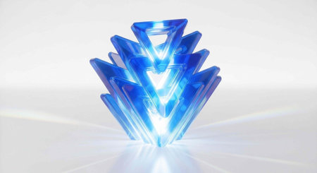 A stunning blue crystal sculpture emits a bright glow on a pristine white surface with subtle light raysの写真素材
