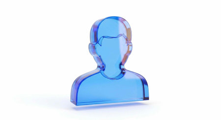 A blue transparent figurine of a person with glasses, made of glass or plastic, on a plain white...