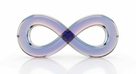 Shimmering infinity sign with iridescent sheen and purple gemstone centerpiece on reflective white...