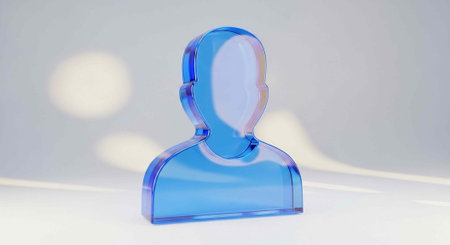 A blue transparent bust figurine with smooth curves and rounded edges sits on a plain white...