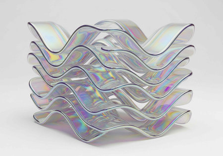 A modern glass sculpture with layered wavy design, showcasing iridescent colors and reflective...