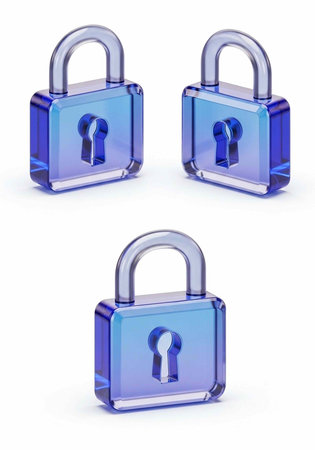 Image of three blue transparent padlocks with shiny keyholes and U-shaped locks on a plain white surfaceの写真素材