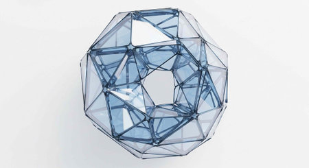 A blue, transparent, geometric polyhedron structure with a hollow center, composed of interconnected...