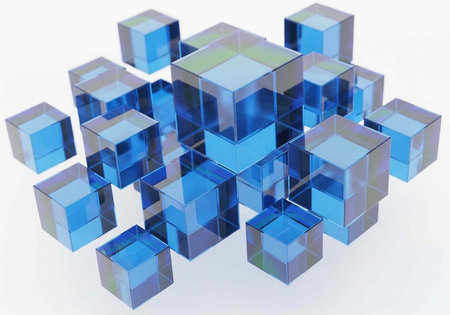 A group of blue transparent cubes of different sizes and shades arranged in a cluster on a plain white surfaceの写真素材