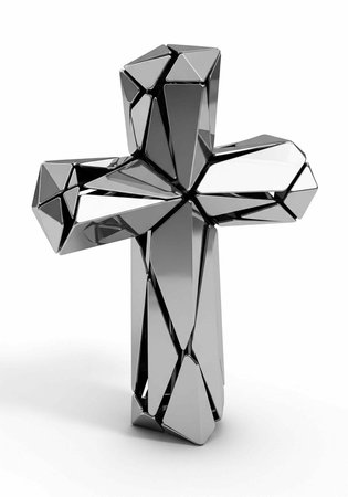 A shiny crystal cross with a faceted surface and reflective finish stands on a white background,...