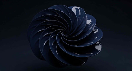 A dark blue spiral-shaped object with a shiny surface against a black background, showcasing its...