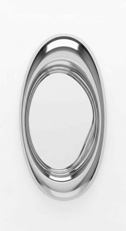 Close-up of a sleek silver ring with a hollow center and smooth reflective surface against a plain white backdropの写真素材