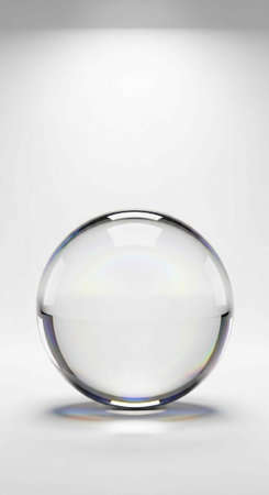 A transparent glass ball with a reflective surface and colorful rainbow hues, set against a clean...