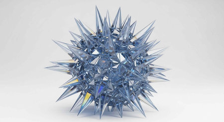 A blue, spiky object with sharp points and a reflective surface is centered on a white backgroundの写真素材