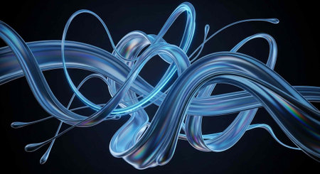 Abstract image of shimmering blue ribbons twisting and turning against a dark backdrop, showcasing...