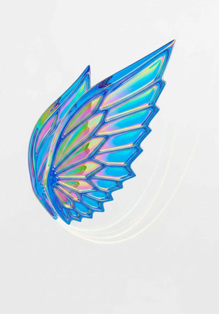 A vibrant, holographic blue wing with shimmering colors and sleek design, set against a clean white...