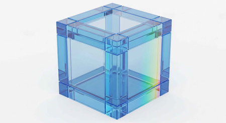 A 3D rendering of a blue glass cube with transparent and reflective surfaces, showcasing rainbow hues on a plain white settingの写真素材