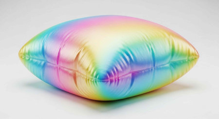 A shiny, rainbow-colored inflatable pillow with a smooth surface and creases on a plain white...