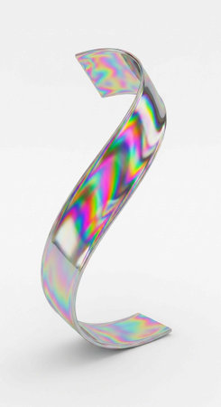 A shiny, curved metallic ribbon with a holographic effect, displaying a range of rainbow colors and reflections.の写真素材