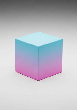 A 3D cube with a pink and blue gradient sits on a gray background, showcasing a simple geometric...
