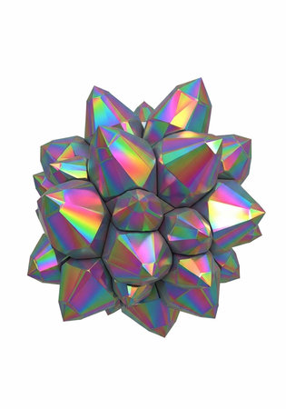 A cluster of iridescent crystals with rainbow colors and multiple facets, set against a plain white...